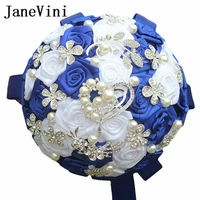 janevini bling crystal royal blue wedding bouquet beaded pearls flowers bridal bouquets satin rose buque de noiva artificial