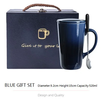 Blue Gift Set Плавно меняющая цвет кружка керамическая с крышкой с ложкой 520 мл креативная модная парная кружка кофейная Милая чашка для завтрака уникальный подарок - Цвет: Blue Gift Set