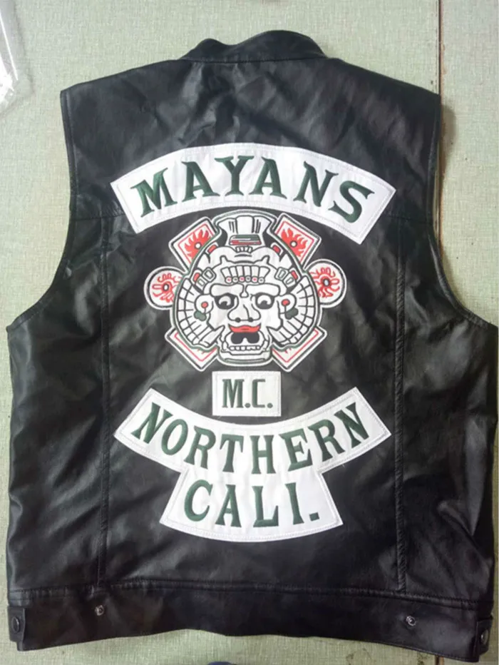Новое поступление Mayans. MC Косплей Костюм Мотоцикл клуб жилет куртка Вышивка кожаный жилет черная панк-куртка на заказ размер - Цвет: Черный