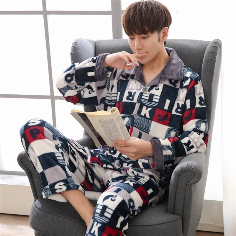 JINUO новый дизайн 20 видов стилей зима Для мужчин пижамы плотный кардиган Flannel Pajama Set