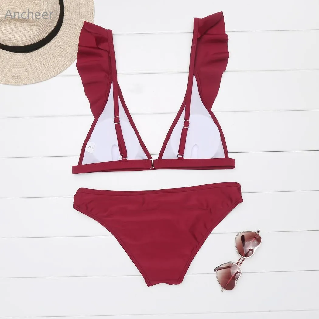 New Brand Women Sexy V-Neck Spaghetti Strap Ruffles Solid Backless Swimsuit Split Bikini For Woman | Спорт и развлечения
