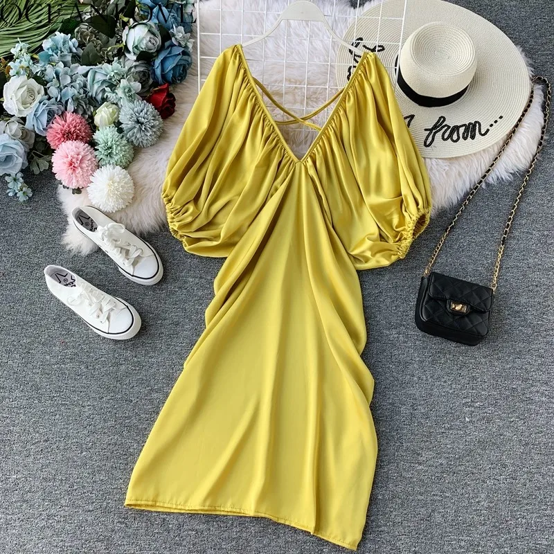 OCEANLOVE Ретро однотонные тонких пластин, покрытое Vestidos Элегантные корейские туфли-лодочки, цвета: женский с пышными рукавами платье Лето v-образный вырез миди платья 12361