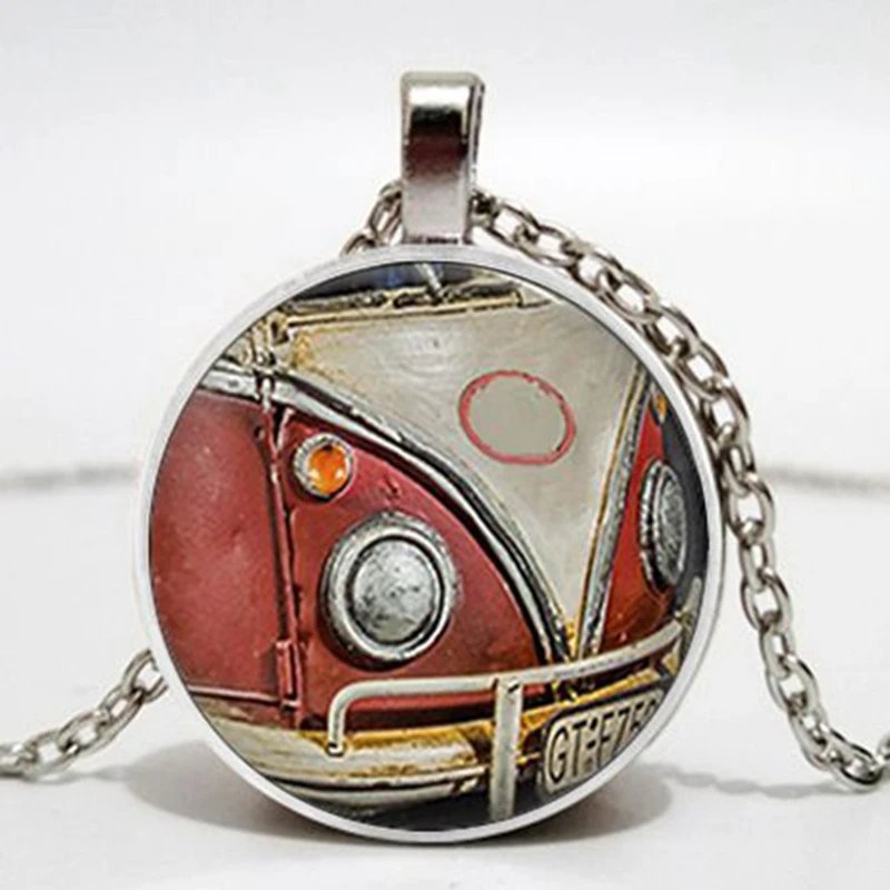 Fashion Retro Hippie Peace Sign Fan Bus Camper Necklace Charm Men and Women Decorative Glass Pendant Gift Toy Souvenir |