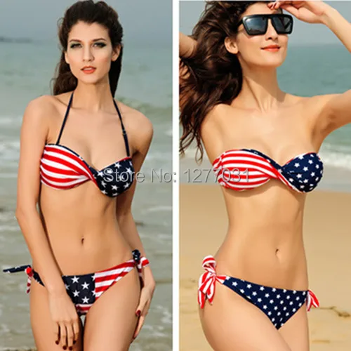 50pcs Sexy Bikini Sets American Flag Swimwear Women's Bar Swimming underwear Halter Swimsuits Fashion Beach |