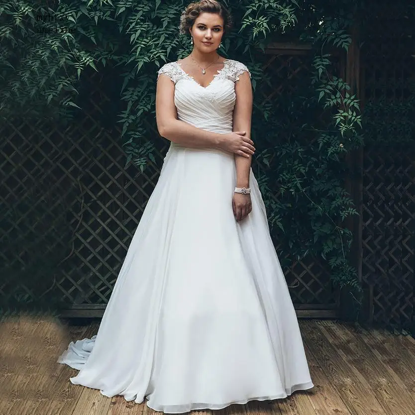 

Sexy Elegant Wedding Dresses 2020 Chiffon Pleats Elegant Vestido De Novia Custom Made V-neck Cap Sleeves Bridal Dress beading