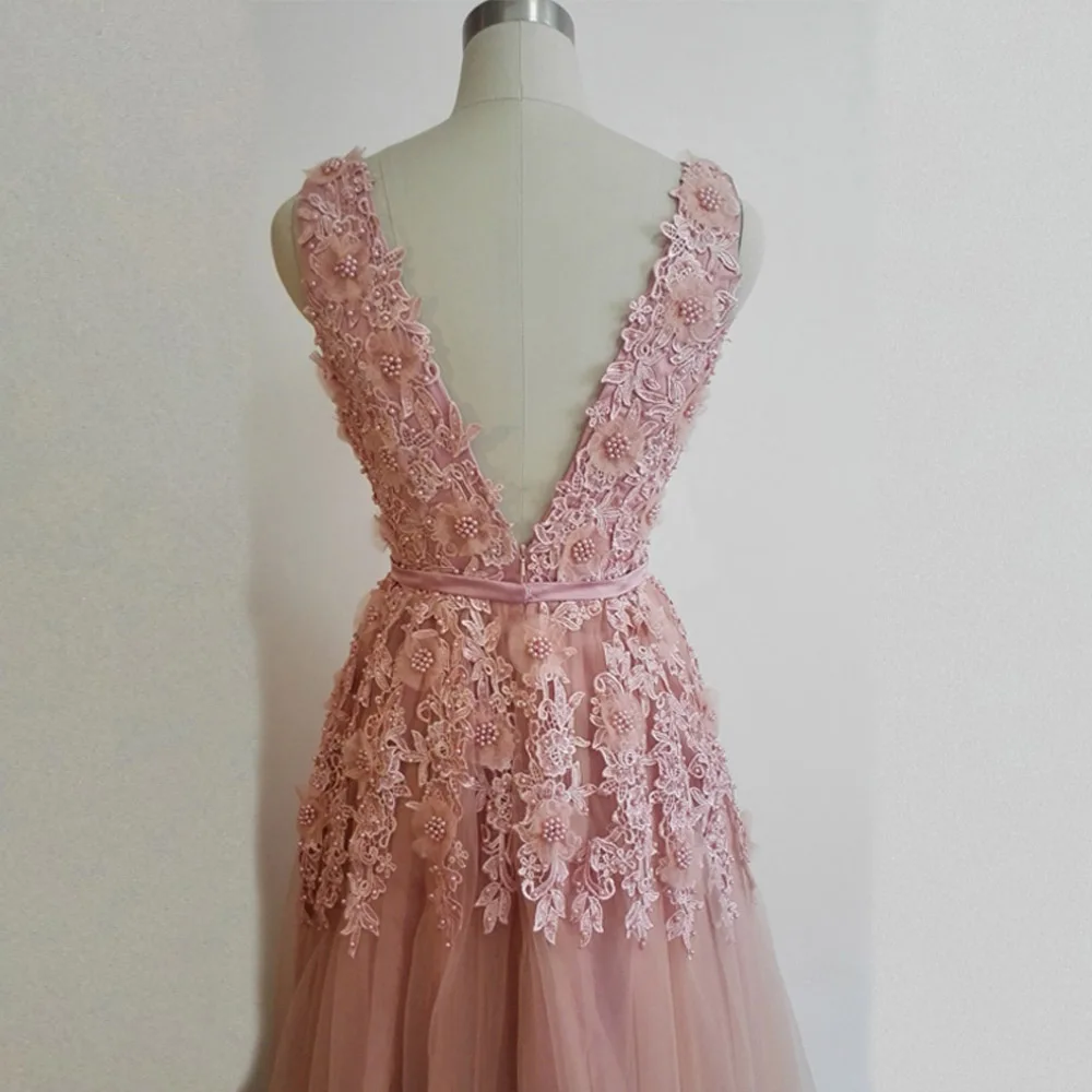 JIERUIZE Dusty Pink винтажные кружевные аппликации Длинные вечерние платья с жемчужным