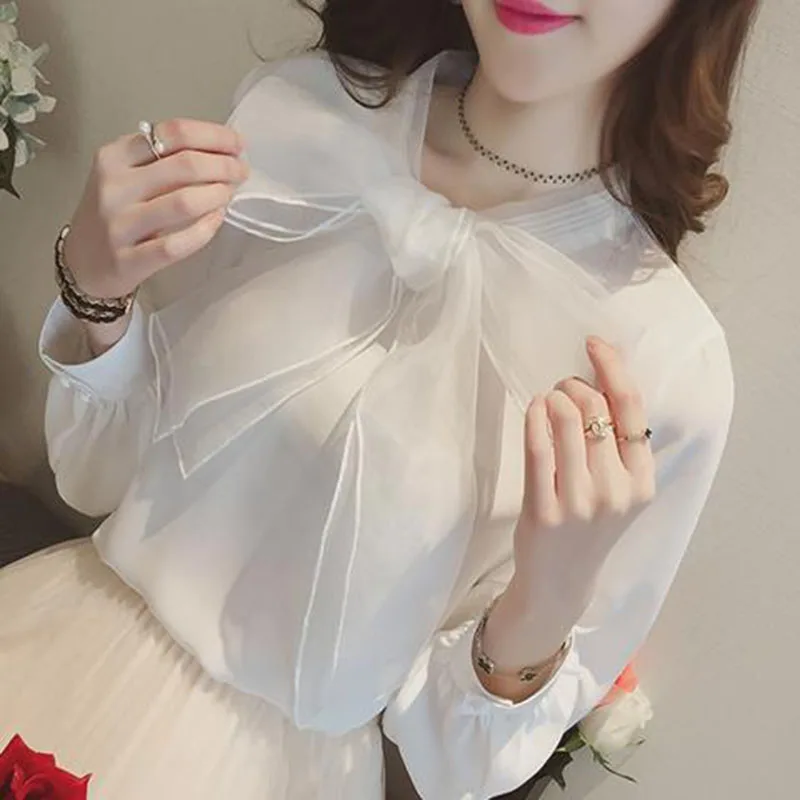 

Autumn Elegant Women Long Sleeve Organza Blouse Shirt Office White Blouses Ladies Tops Bow Korean Clothes Femme Blusas DD2621
