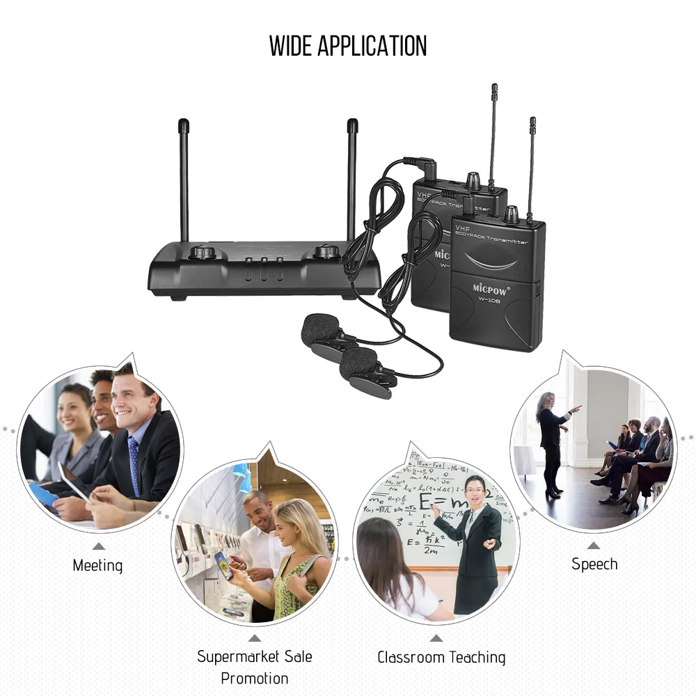 MICPOW W-10 беспроводной микрофон VHF двухканальный 2 лацкана петличный + передатчика 1