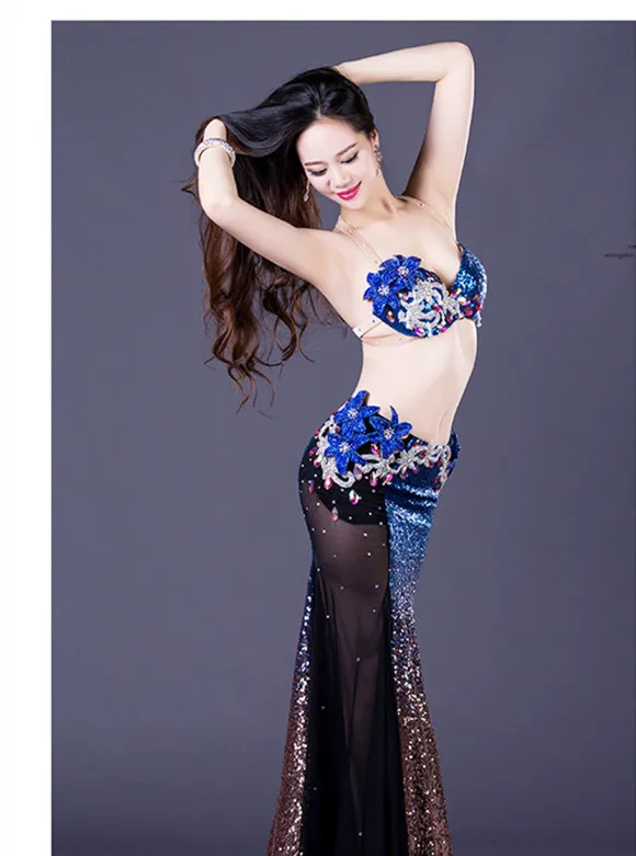 Blue Сексуальный роскошный костюм русалки для танца живота, комплект с бюстгальтером и длинной юбкой, шикарное блестящее платье для выступлений, Размеры M, L, Золотое - Цвет: Blue