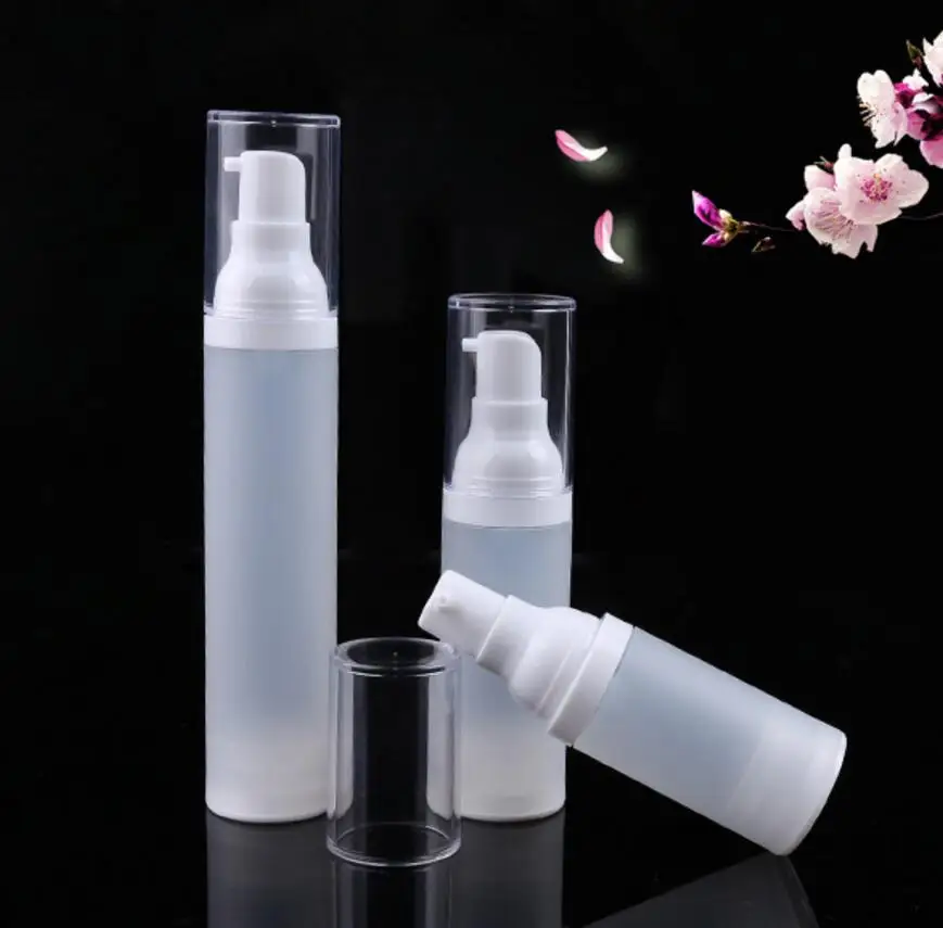 

100pcs/lot Hot sale 50ml airless bottle frosted body white pump transparent lid for serum lotion wholesale