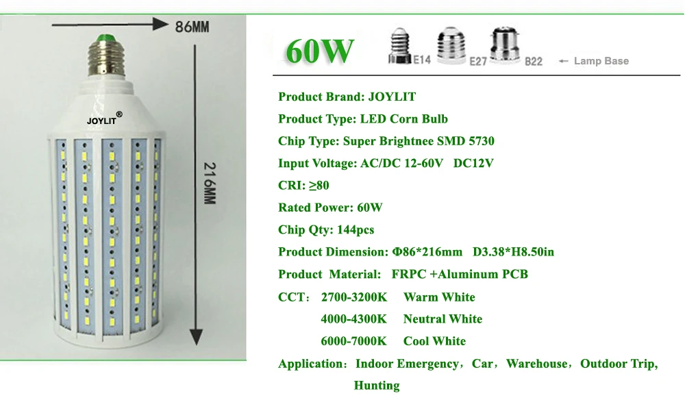 10pcs DC 12V AC/DC 12-60V 6000k 7w 10w 15w 20W 30W 40W 60W E27 36V smd 5730 light led corn bulbs warm/cool white