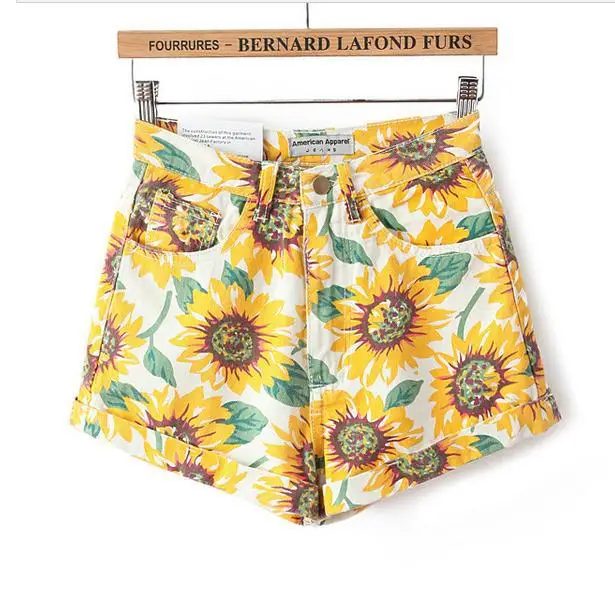 Новые летние джинсовые шорты с высокой талией и принтом подсолнуха женские