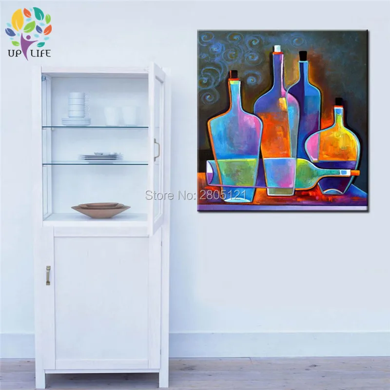 hand painted modern still life painting coloring bright wine bottles canvas picture dining room decoration wall art | Дом и сад