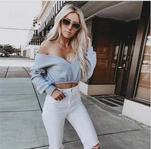 

Sexy Women Crop Top Hoodies Long Sleeve Casual Sweatshirts Female Deep-V Neck Off Shoulder Street Wear