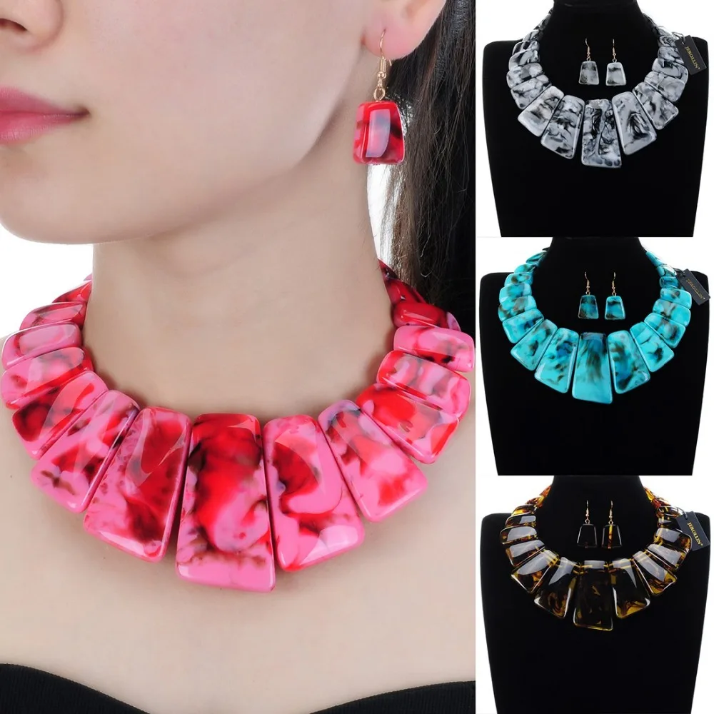 4 Colors Hot Sale JEROLLIN Jewelry Resin Necklace Earrings Sets Beaded Big Choker Women Gift collier | Украшения и аксессуары