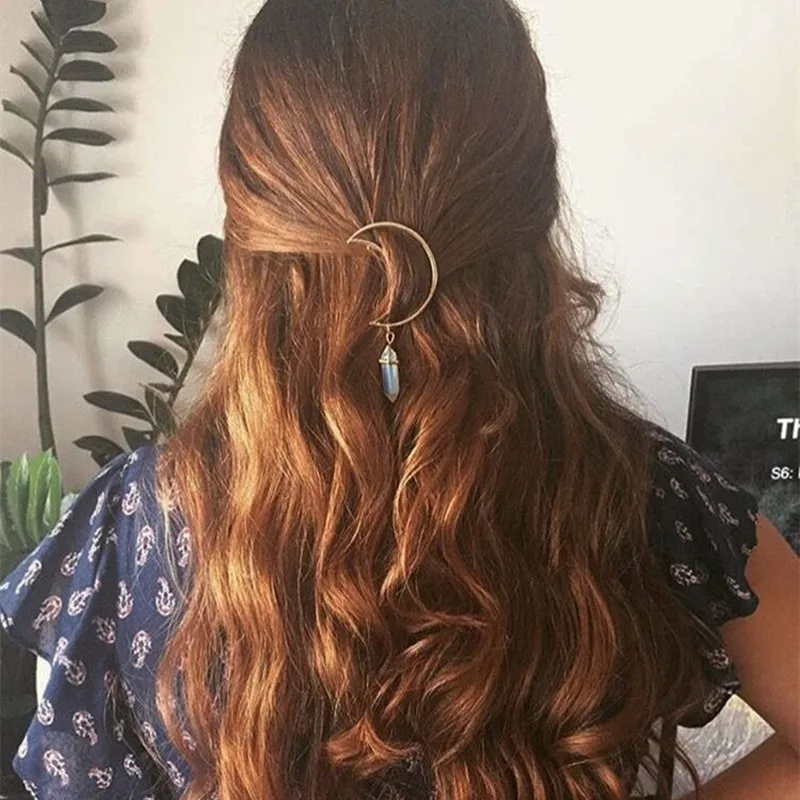 Louleur Moon Shape Hair Clips Quartz Natural Stone Hexagon Prism Charming Hairpin Gifts Hollow Gold Vintage Accessories | Украшения и