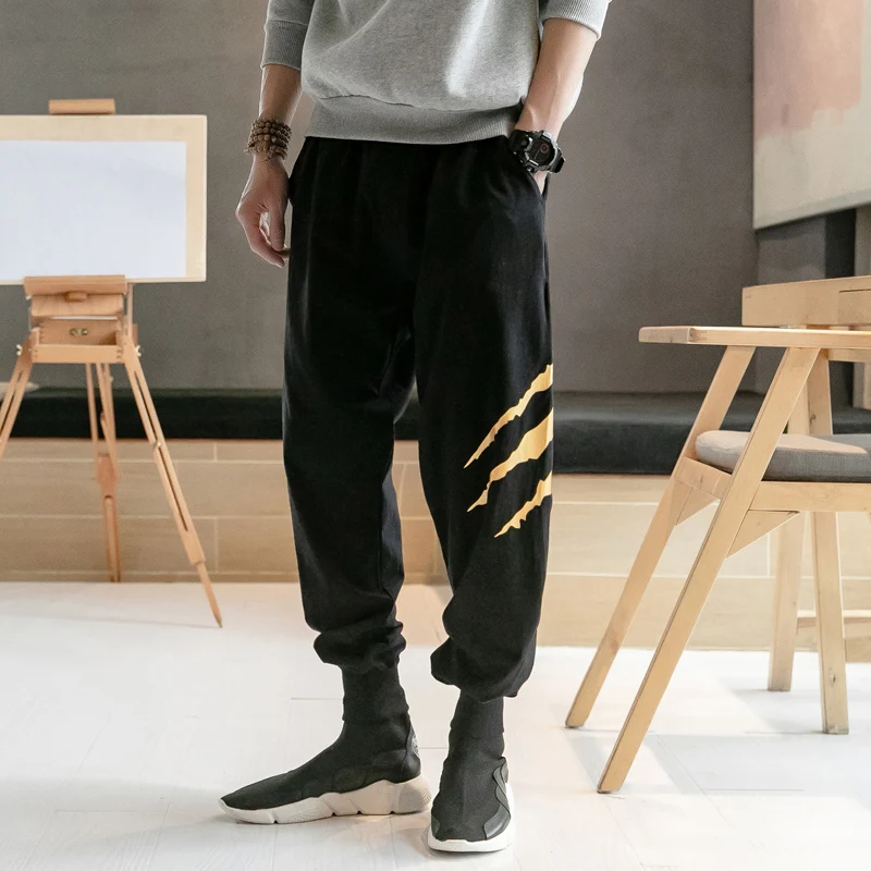 Япония корейский стиль хлопок лен скребок печати повседневные шаровары мужские