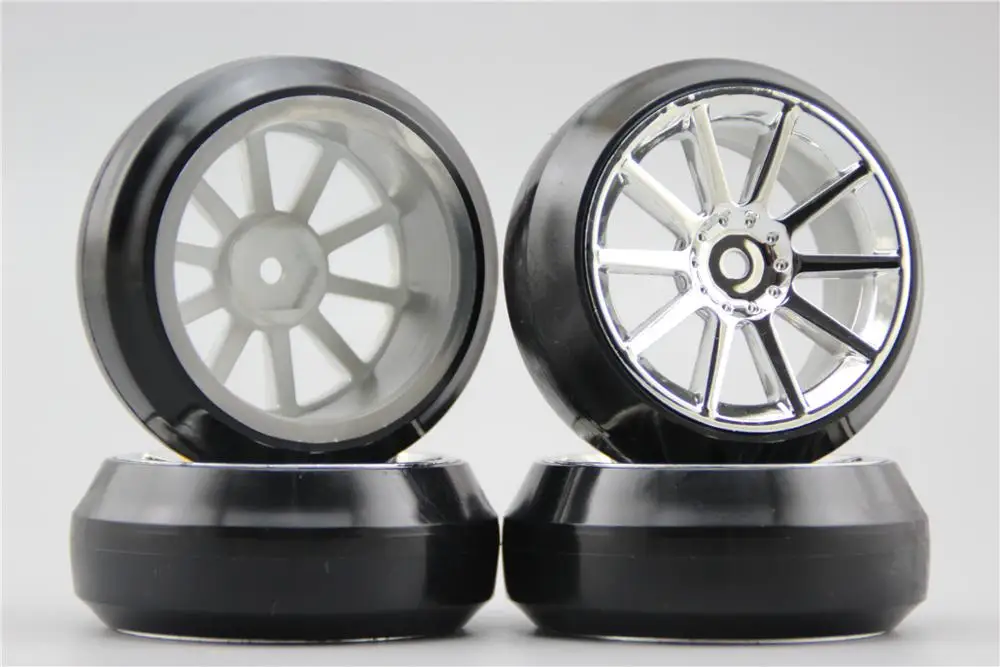 4 шт. RC 1/10 Жесткий Drift Tire обод колеса с шиной W10S1C 0 мм офсетная (хромированная)