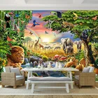 3D обои радужные небо зеленый лес животное слон лев масляная живопись фото роспись Гостиная Детская комната роспись Papel De Parede