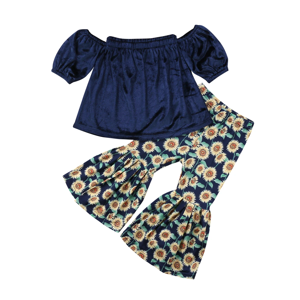 

Summer Toddler Baby Girls Off Shoulder Short Sleeve Blue Tops + Sunflower Loose Floral Flared Pants Outfits 1-6T 2Pcs
