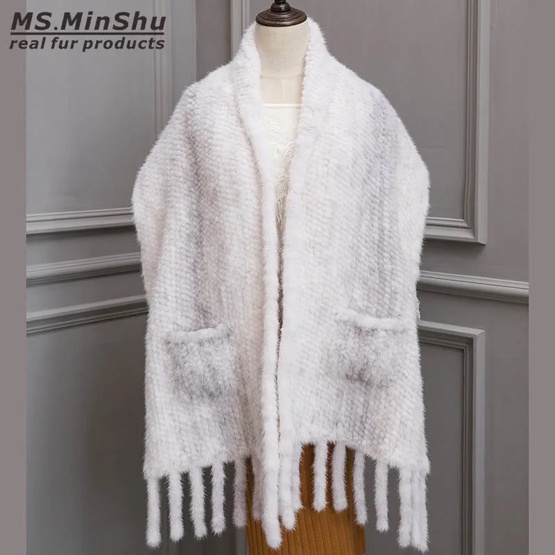 Женская шаль из меха норки MS.minshu коричневая большого размера ручной вязки Модное