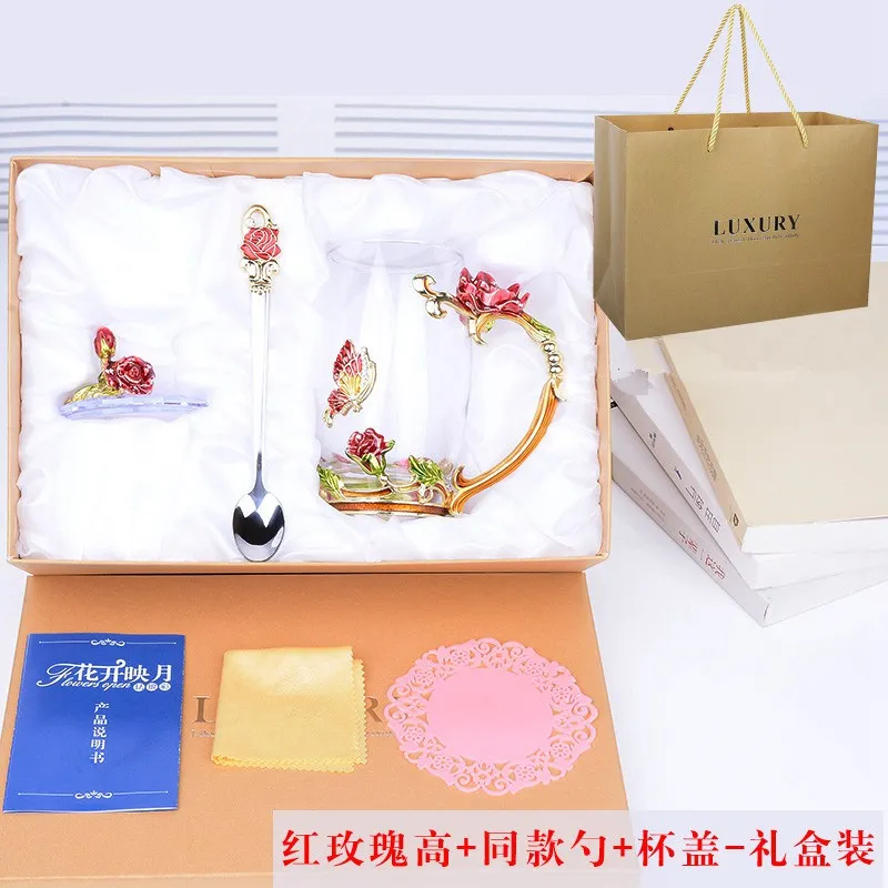 cup spoon lid box 1 Красота и лучшая новинка эмалированный цветок, чашка с кофе кружка чай бабочка стеклянные чашки для свадебных подарков Рождественский подарок - Цвет: cup spoon lid box 1