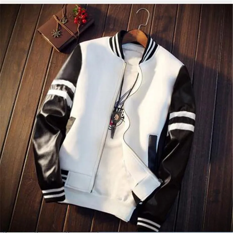

2017 Spring Men Jacket Splicing PU Sleeve Coat Casual Baseball Collar Short Jacket Brand Coat Men Sweatshirts Black/White