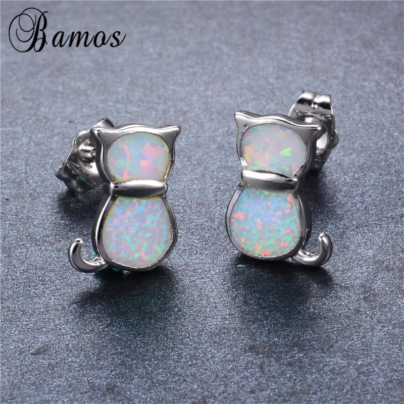 Серьги гвоздики женские серебряного цвета с опалом и котом|cute cat stud earrings|cat