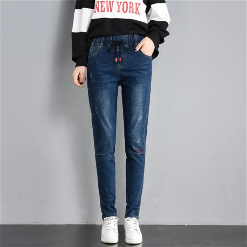 WKOUD Drawstring High Waist Jeans For Women New Spring Solid Hole Scratched Denim Pencil Pants Casual Regular Jean P8839 | Женская