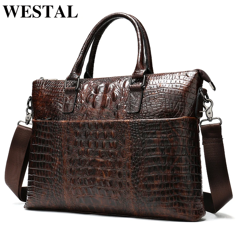 WESTAL men's briefcase bag men's genuine leather laptop bag men office bag for men's crocodile pattern A4 file briefcase handbag