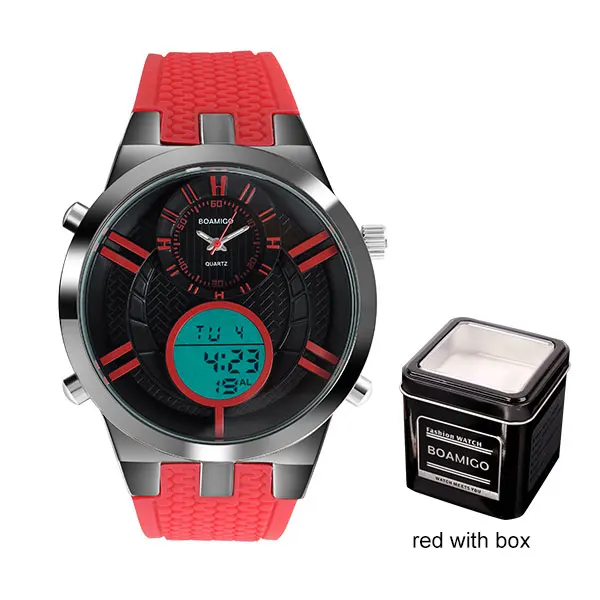 red with box Мужские спортивные часы, цифровые часы BOAMIGO, брендовые военные кварцевые часы, желтые резиновые водонепроницаемые Подарочные наручные часы, reloj hombre - Цвет: red with box