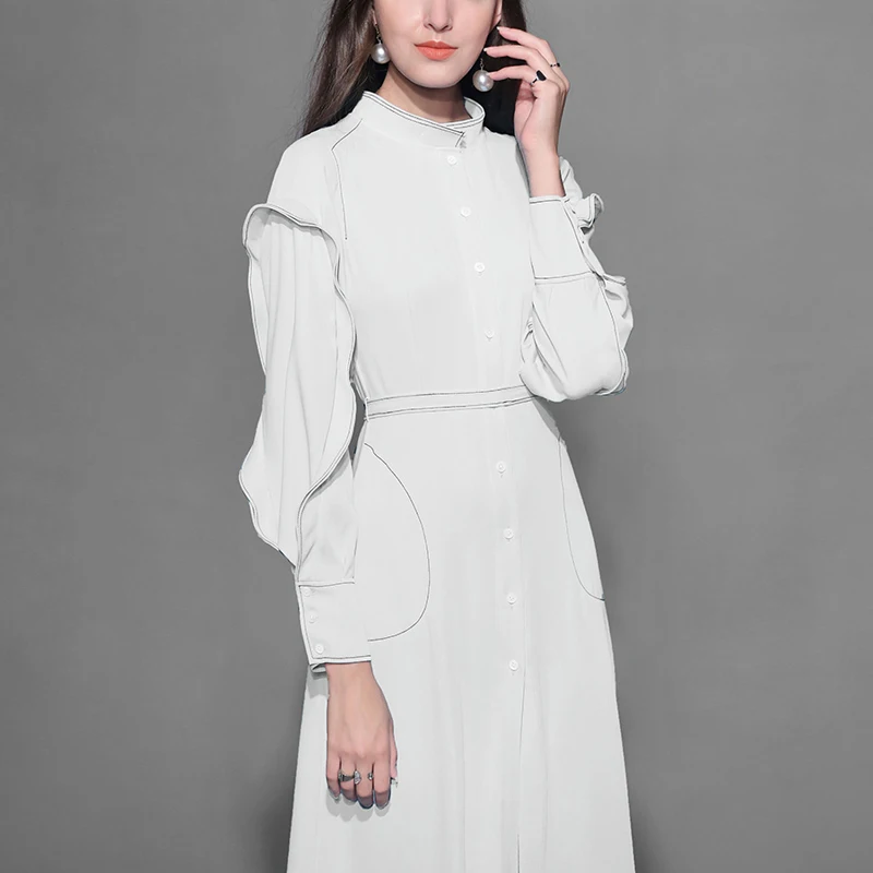 

High Grade Runway Women Spring 2019 Dress Elegant Ruffles Slim Waist Pocket Long Sleeve Midi Dress High Street Female Vestidos