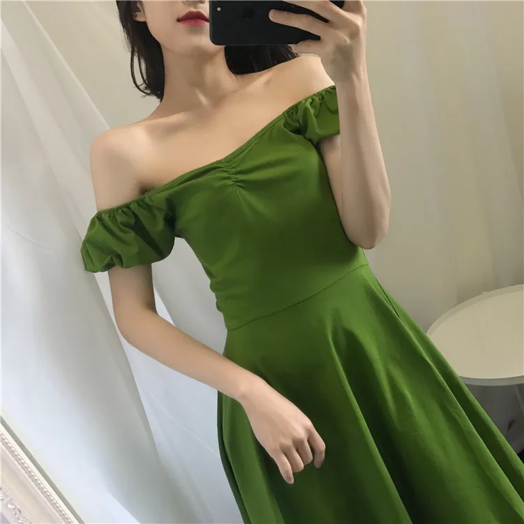 Женское винтажное платье ulzzang зеленое с воротником-лодочкой корейская мода