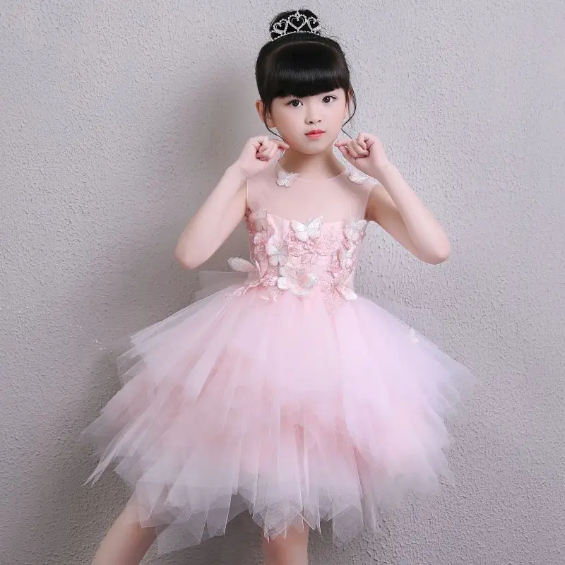 2018 Girl Pink Tulle Princess Flower Dress Wedding Christening Gown Summer Clothes For Party First Communion | Детская одежда и