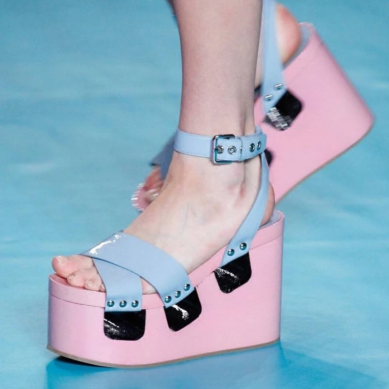 

Italian Runway Shoes Pink Gladiator Sandals Sponge Bottom Belt Buckle High-Heeled Platform Open Toe Sandals Boots Wedges Sandals