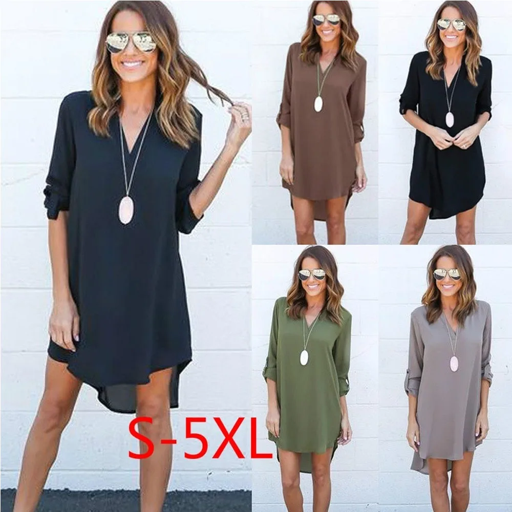 2019 new Women Casual Spring Summer chiffon V Neck Long Sleeve Chiffon solid color Mini Loose Dress Beach dress Plus Size S-5XL |