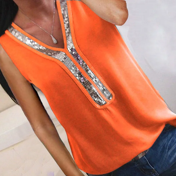 Orange Sleeveless Женская шифоновая блуза с v-образным вырезом и пайетками, S-5XL, новинка, летняя Офисная Женская блузка с коротким рукавом, топы размера плюс, женская блуза - Цвет: Orange Sleeveless