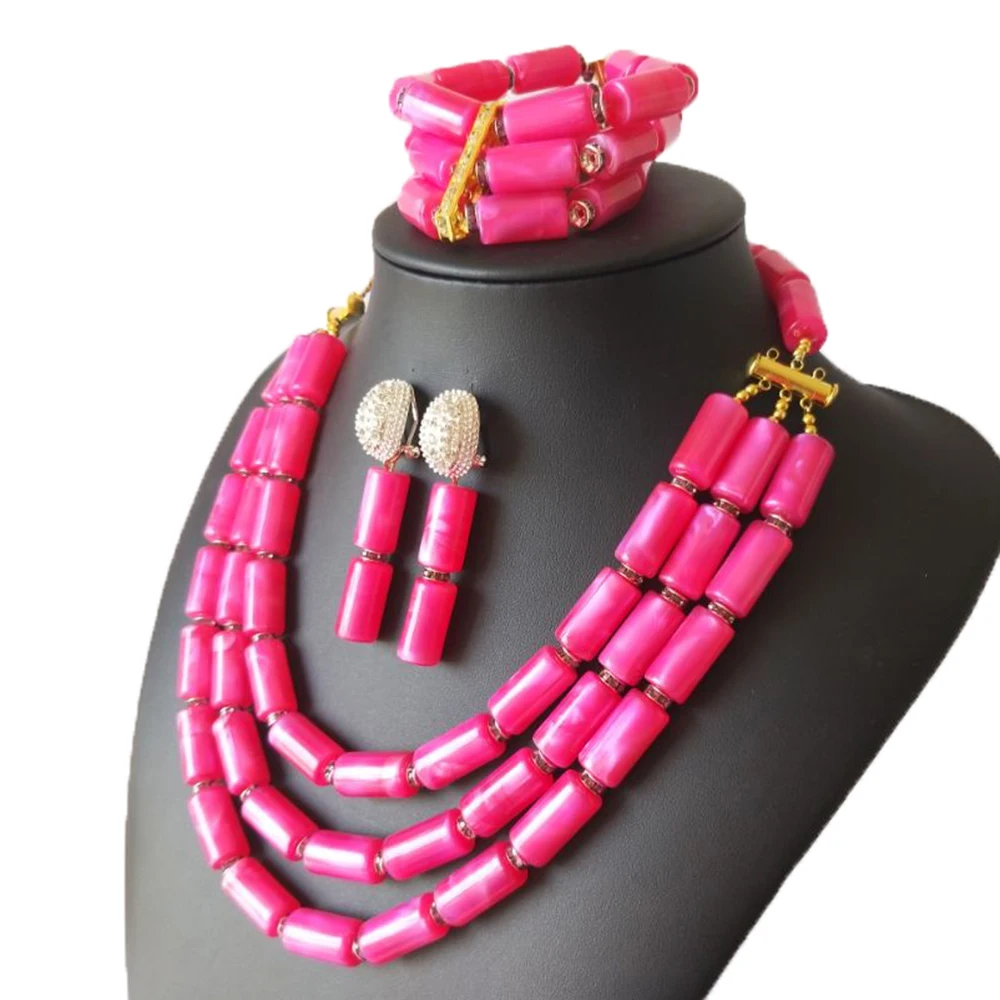 3 Rows Pink Faux Coral Nigerian Wedding Beads Bridal Costume Necklace Fashion African Jewelry Set For Women | Украшения и