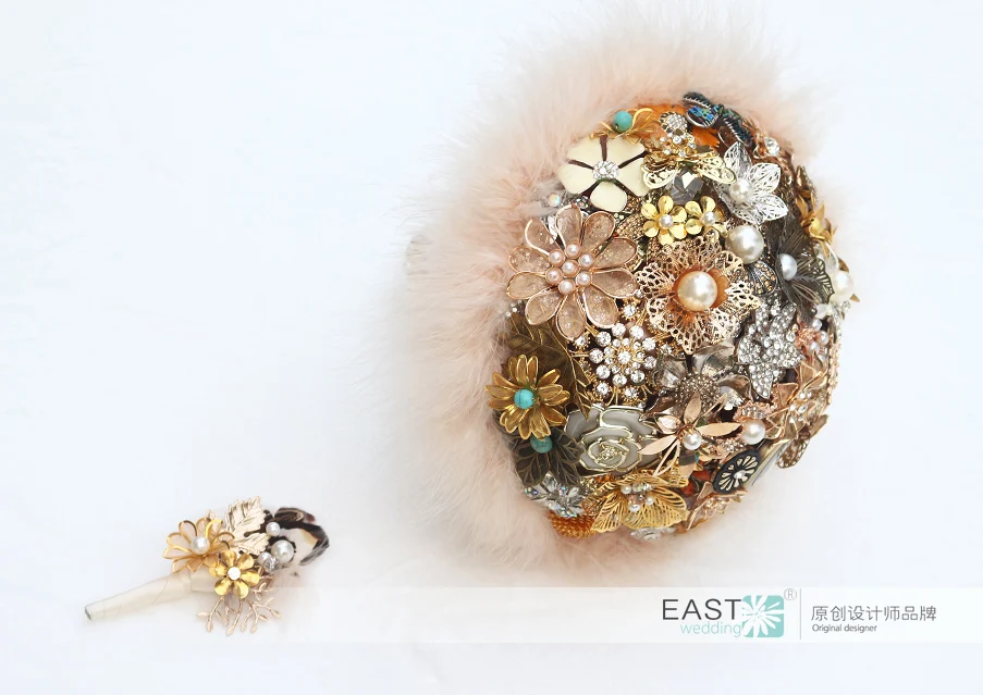 Brown &amp Gold Vintage Bridal brooch bouquet Feathers decorated wedding bouquets Bride | Свадьбы и торжества