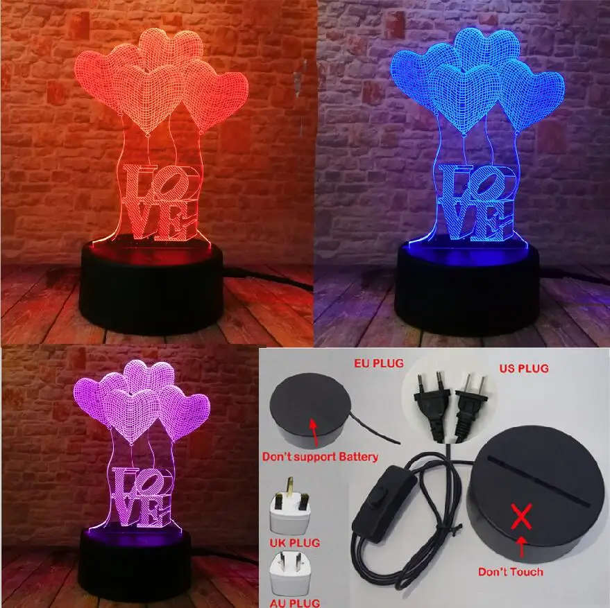 С днем рождения любовь сердце шары 3D Визуальный светодиодный RGB Ночной светильник лампа настольная Иллюзия настроение затемнение лампы 7 цветов удивительные подарки - Испускаемый цвет: Switch one 3 Color