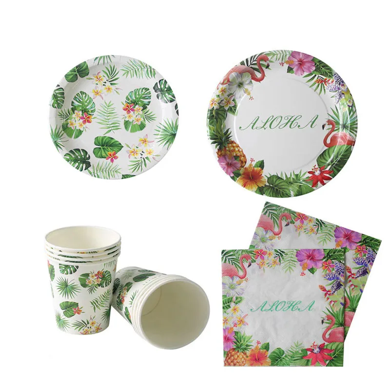 Фламинго Aloha Бумага посуда Гавайи Детские джунгли День рождения 1st на день