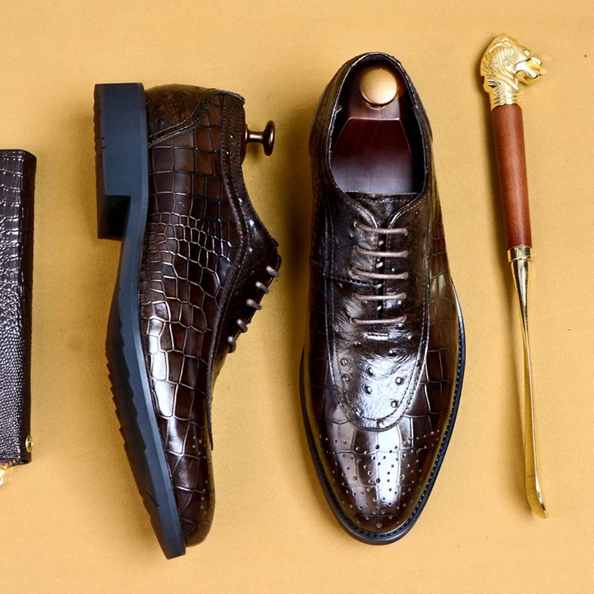 

High Quality Genuine Leather Formal Dress Brogues Shoes Round Toe Handcrafted Men's Wedding Banquet Oxfords For Male AS213