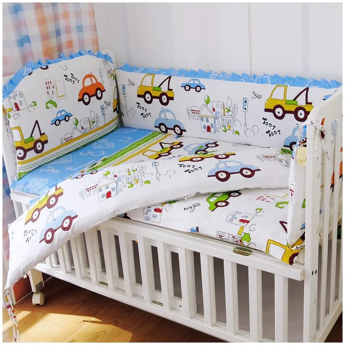 

6PCS Cars baby bedding 100% cotton baby crib bedding set free Shipping бортики в кроватку (4bumper+sheet+pillow cover)