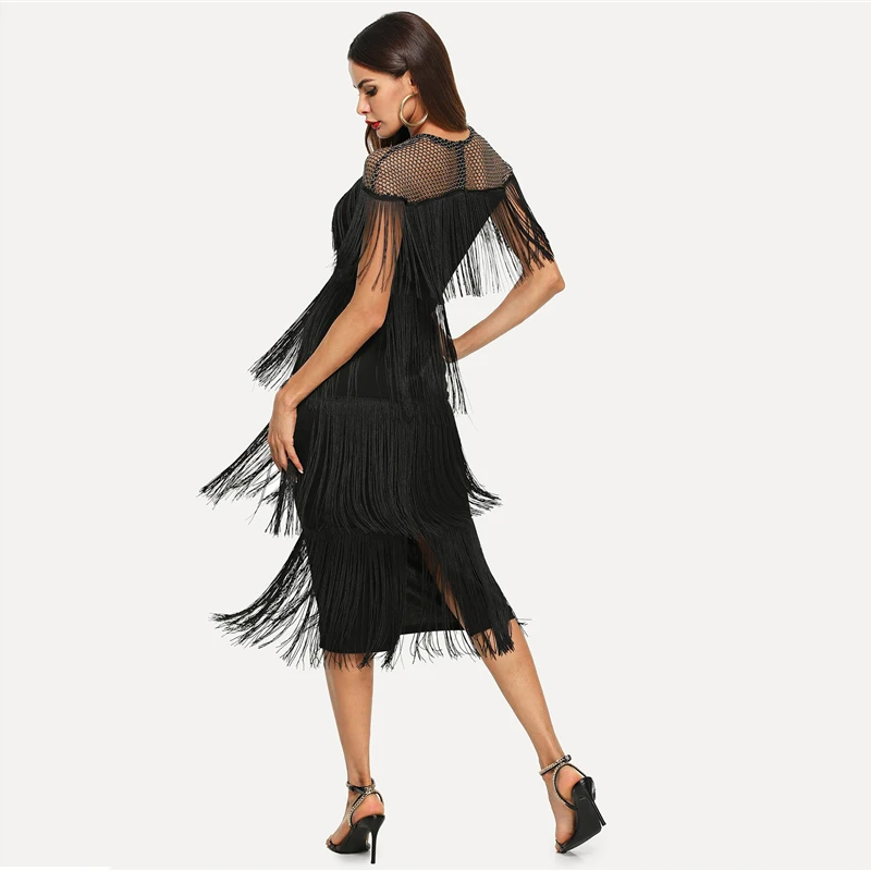 SHEIN Black Highstreet Party Going Out Elegant Sheer Yoke Layered Fringe Detail Dress Autumn Modern Lady Women Dresses