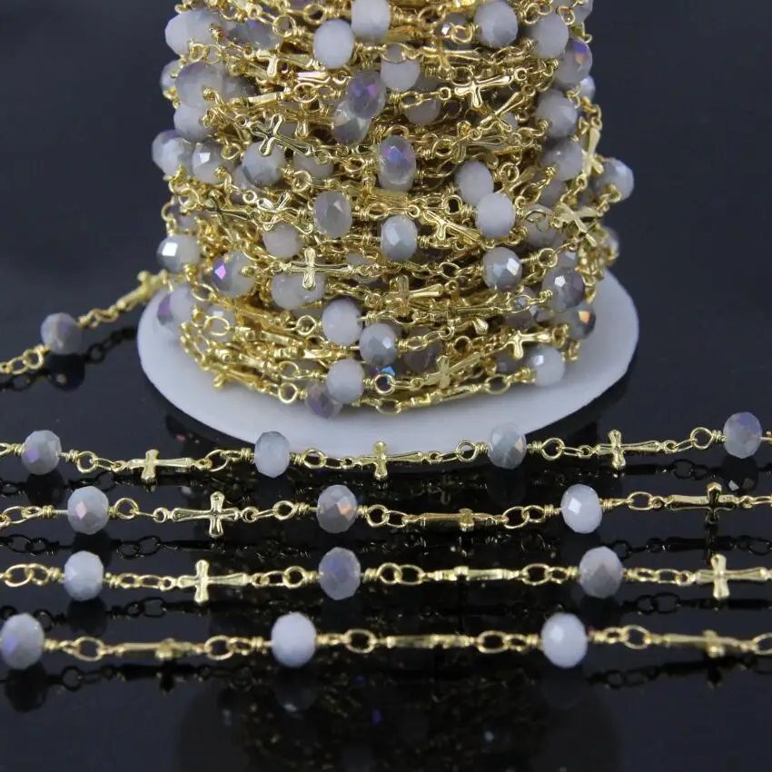 

5Meter/lot,Purple Titanium White Glass Rondelle Rosary Chain,AB Glass Crystal Faceted Beads Gold plate Cross Wire Wrapped Chain