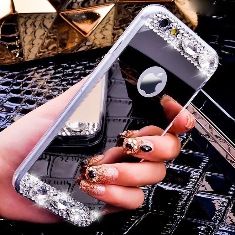 Зеркало Роскошные Алмазный Rhinestone TPU чехол для iPhone 6 6S 4.7/плюс 5.5 мягкий силиконовый