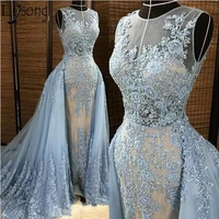 top quality blue mermaid evening dress detachable overskirt illusion neck pearls beaded lace appliques long prom dress custom