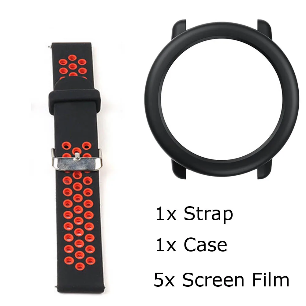 Black Red-Black Case 7/лот для Xiaomi Huami Amazfit Pace ремешок для часов браслет силиконовый Pulsera Correa Защитная пленка для экрана Pantalla - Цвет: Black Red-Black Case