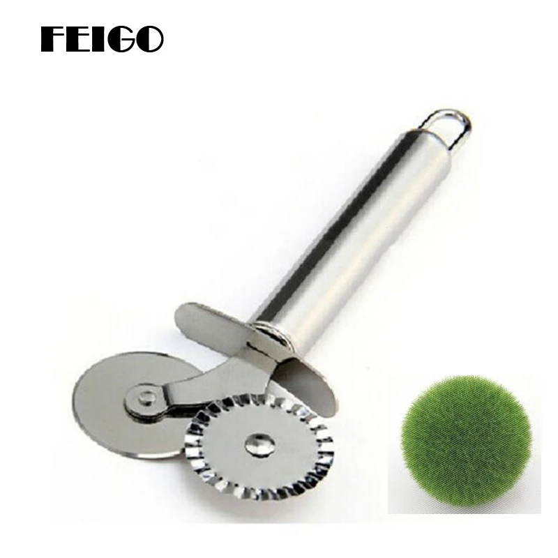 

FEIGO 1Pcs New Stainless Steel Double Wheels Pizza Knife Cutter Pastry Dough Crimper Round Hob 4cm Lace Wheel Kitchen tools F149