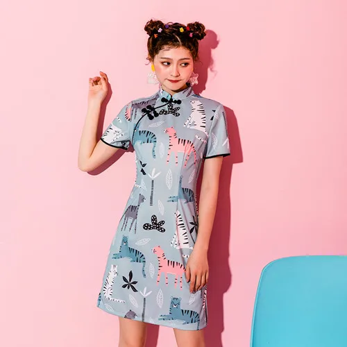 Photo Color2 SWEETXUE Cat Leaf Print Cheongsam простое платье модное винтажное Сплит Мини Вечерние платья летние женские ретро платья в китайском стиле - Цвет: Photo Color2